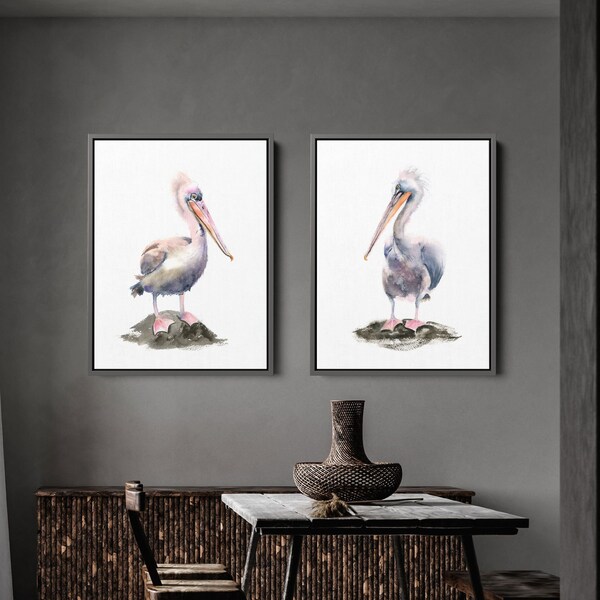 Set Of 2 Pelican Prints, Large Wall Art Decor, Print on Canvas Ready to Hang, Nursery Room Decor, Watercolor Painting  Beach House Wall Art