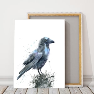 Raven Canvas Print - Crow Wall Art, Dark Bird Decor, Watercolor Painting, Gothic Aesthetic Home Decor, Large Raven Artwork