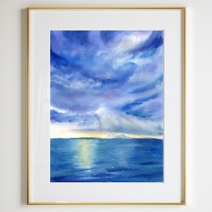 Original Seascape Painting, Watercolor Ocean Sunset, Blue Sea And Sky Coastal Living Room Wall Art Decor, Serenity Artwork Evening Landscape