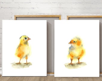 Baby Chicken Set of 2 Art Prints, Watercolor Yellow Farm Birds Nursery Wall  Decor, Kitchen Art