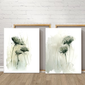Queen Annes Lace Prints - Set of 2 Watercolor Floral Paintings, Wild Carrot Canvas Art for Greenery Diptych Wall Decor