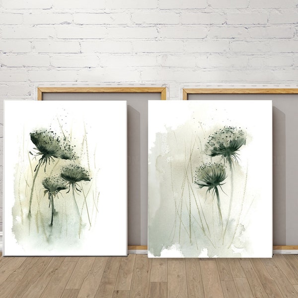 Queen Annes Lace Prints, Set Of 2 Watercolor Paintings, Wild Carrot Prints, Floral Wall Prints, Canvas Art Prints Set, Greenery Wall Decor