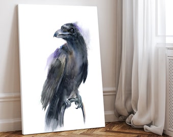 Watercolor Raven Print, Crow Art Spirit Painting, Dark Home Decor, Raven Wall Art, Bird Lover Gift, Wild Animal Artwork