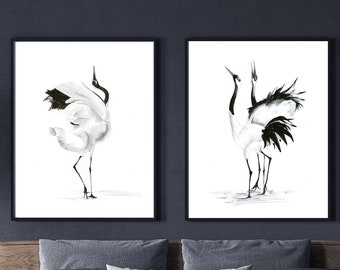 Set Of 2 Bird Prints, Crane Large Wall Art Decor, Dancing Cranes Canvas, Black And White Artwork, Minimalist Wall Decor, Lake House Wall Art