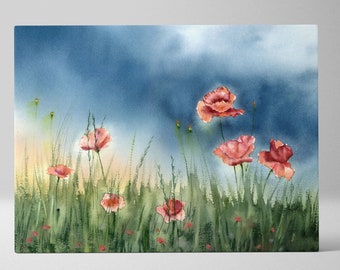 Poppies Landscape Art Print, Blossom Flower Watercolor Painting, Nature Red Floral Wall Decor, Blue Sky And Green Grass