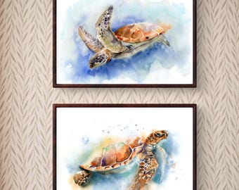 Watercolor Sea Turtle Canvas Print Set: Ocean Animal Diptych Wall Art