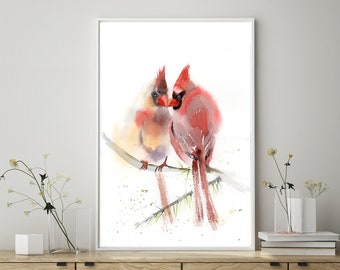 Cardinal Painting Original Watercolor, Love Birds Art,  American Winter Red Bird Wall Decor, Two Birds Original Art