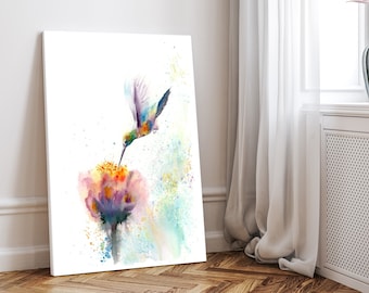 Hummingbird and Flower Print, Watercolor Nature Painting, Bird Canvas Wall Art Decor, Ready to Hang