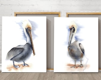 Set Of 2 Pelican Prints, Wading Birds Painting Home Gallery Watercolor Canvas Beach House Wall Decor