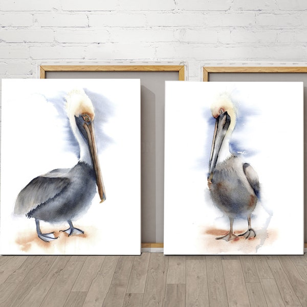 Set Of 2 Pelican Prints, Wading Birds Home Gallery Set, Pelican Giclee Prints, Watercolor Canvas Print, Beach Bird House Wall Decor