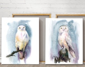 Snowy Owl Print, Set of 2 Large Wall Art, Two Winter Birds Of Prey, Watercolor Owl, Polar Birds Paintings, White Birds Wall Art, Owl Canvas