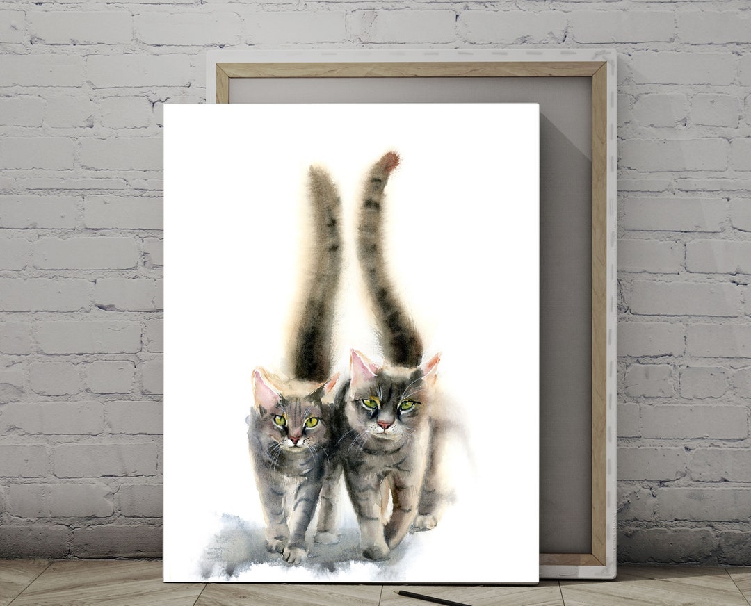 Tabby Cats Wall Art, Cats in Love Watercolor Animal Painting, Two Cats