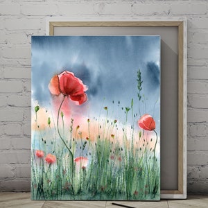 Poppy Canvas Print, Wildflower Landscape Painting, Watercolor Floral Framed Canvas Wall Decor, Botanical Landscape Bedroom Wall Artwork