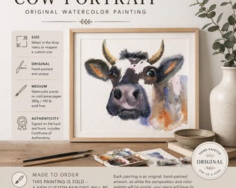 Original Watercolor Cow Painting - Farm Animal Artwork