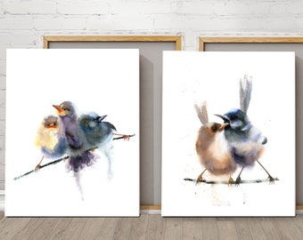 Wren Bird Print Set Of 2 Watercolor Paintings, Nursery Wall Art Decor, Birds On A Branch Light Brown And Gray Canvas