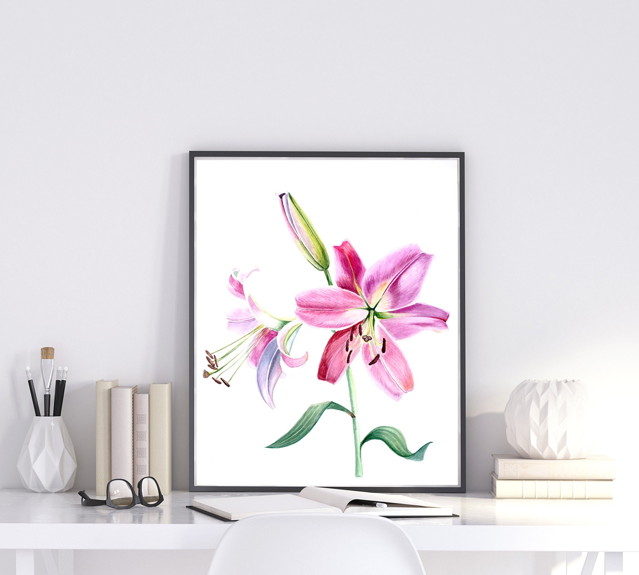Lily Painting Original Watercolor Pink flower artwork | Etsy