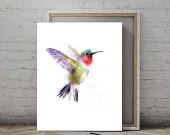 Hummingbird Watercolor Print, Flying Bird Painting, Tropical Bird Large Wall Art, Nursery Canvas Art Print Decor