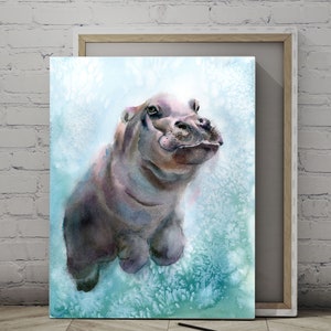 Baby Hippo Watercolor Canvas Print: Nursery Bathroom Wall Art