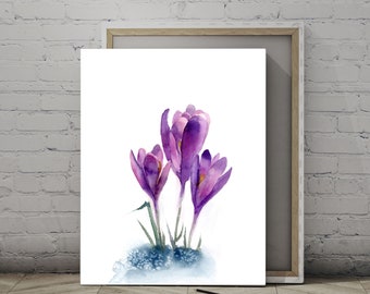 Crocuses Art Print, Botanical Watercolor Painting, Purple Floral Wall Decor, Flowers on White Background, Ready To Hang