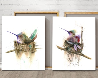 Hummingbird In Nest Art Prints Set of 2 Canvas, Bird Paintings Wall Art Decor, Purple And Light Brown Home Gallery, White Background