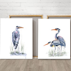 Heron Prints Set of 2, Large Wall Art, Canvas Bird Decor, Watercolor Beach House Decor, Nursery Room Art, Ready to Hang