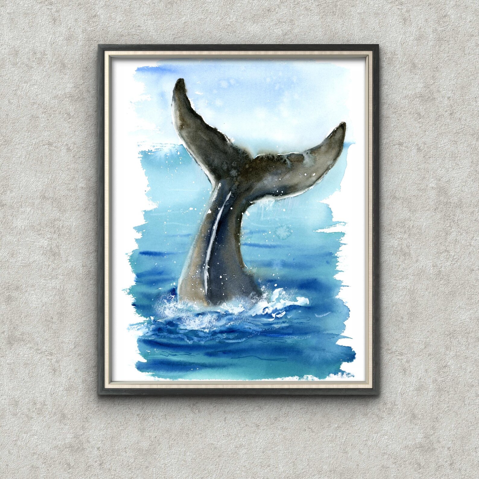Whale Art Watercolor Painting Nautical Canvas Print Tail in the Ocean ...