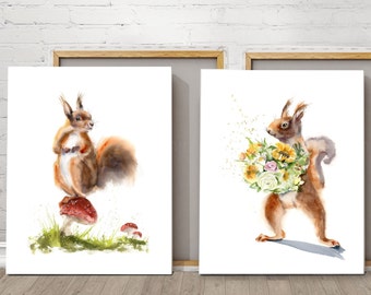 Squirrel Set of 2 Watercolor Prints, Woodland Animals Artwork, Vibrant Mushrooms, and Blooming Flowers