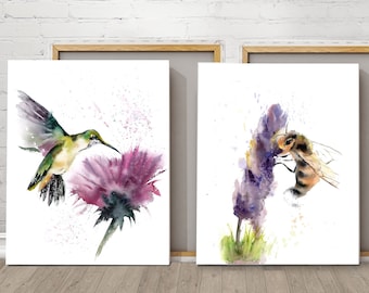 Set Of 2 Hummingbird Prints, Birds Watercolor Paintings, Nature Thistle Flower Wall Art Canvas