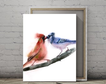 Cardinal And Blue Jay Print, Kissing Birds Painting, Watercolor Print, Canvas Hanging, Two birds Large Wall Art Print, Pair of Bird Gift