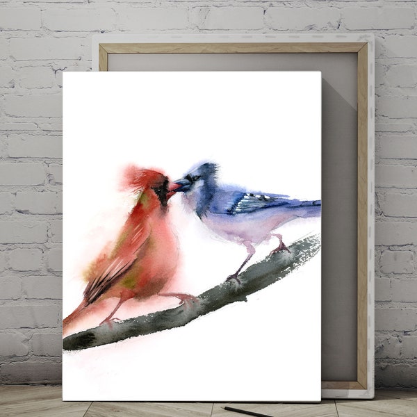 Cardinal And Blue Jay Print, Kissing Birds Painting, Watercolor Print, Canvas Hanging, Two birds Large Wall Art Print, Pair of Bird Gift