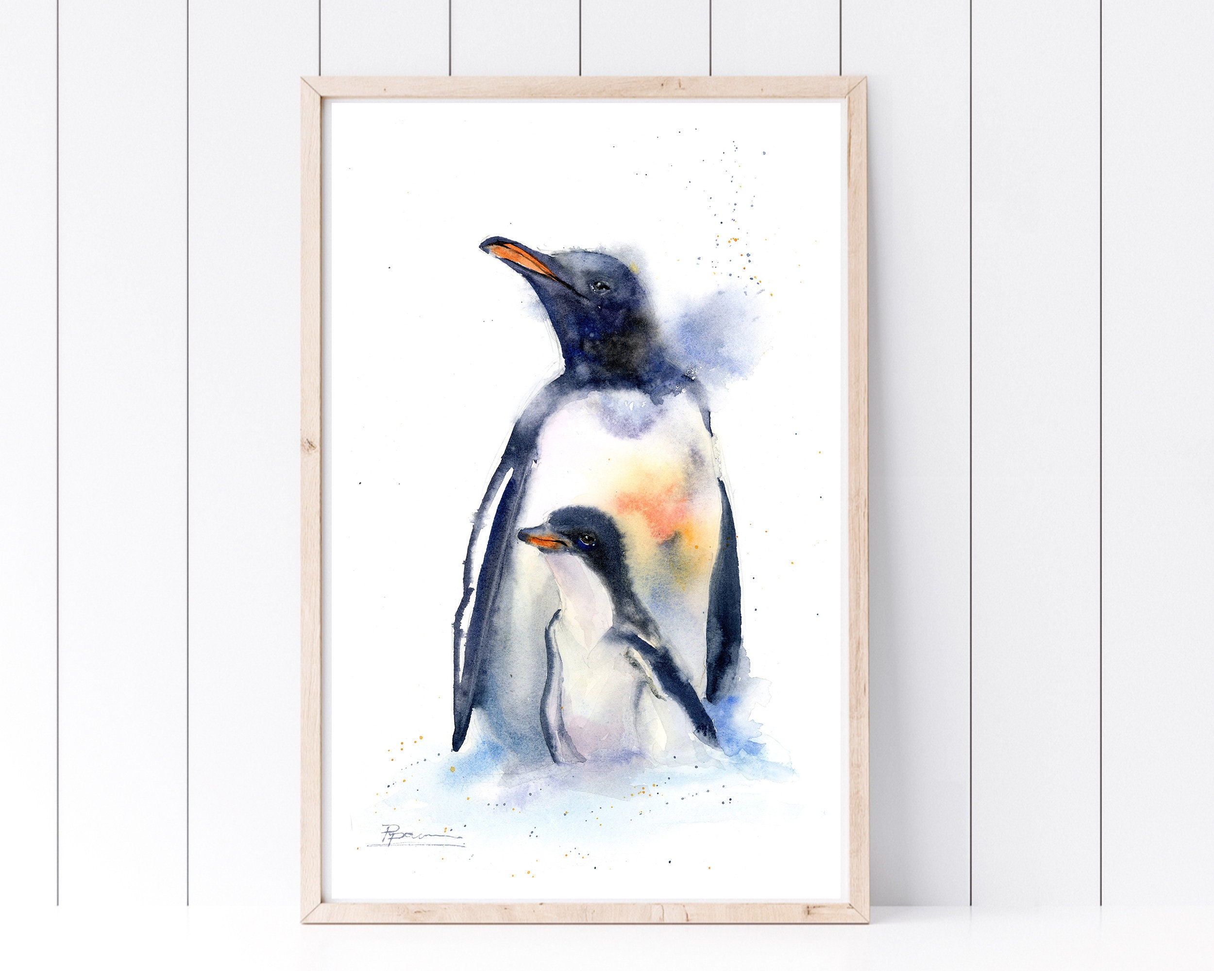 Penguin and chick art Original watercolor painting Nursery | Etsy