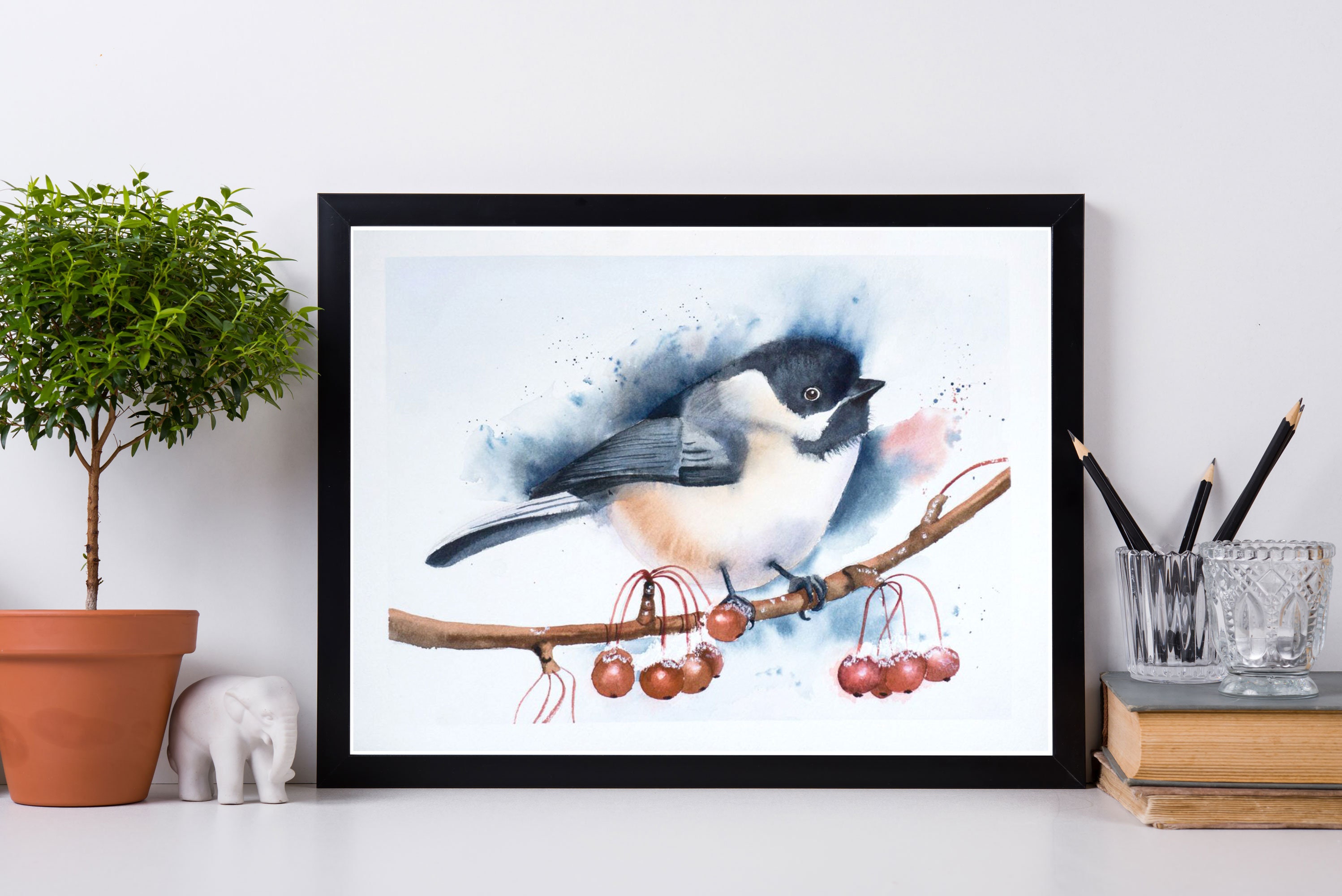 Chickadee painting Original Watercolor Winter bird Wall art Etsy