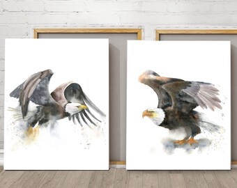 Bald Eagle Set Of 2 Large Wall Art Prints, Two Flying Birds Watercolor Print On Canvas Ready To Hang, Birds Of Prey Bedroom Wall Art Decor