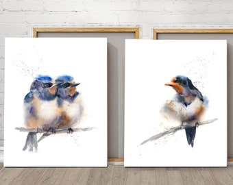 Birds Art Prints Set of 2, Swallows Paintings Wall Art Decor, Watercolor Birds Canvas Print, Blue And Orange Home Gallery, White Background