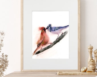 Cardinal and Blue Jay Art, Original Watercolor Painting NOT PRINT, Two Birds, Kissing Birds Wall Art Decor, Birds In Love, Matted Painting
