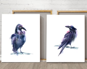 Raven Print Set Of 2 Watercolor Paintings, Nature Black Birds Wall Art Decor, Crow Print On Canvas