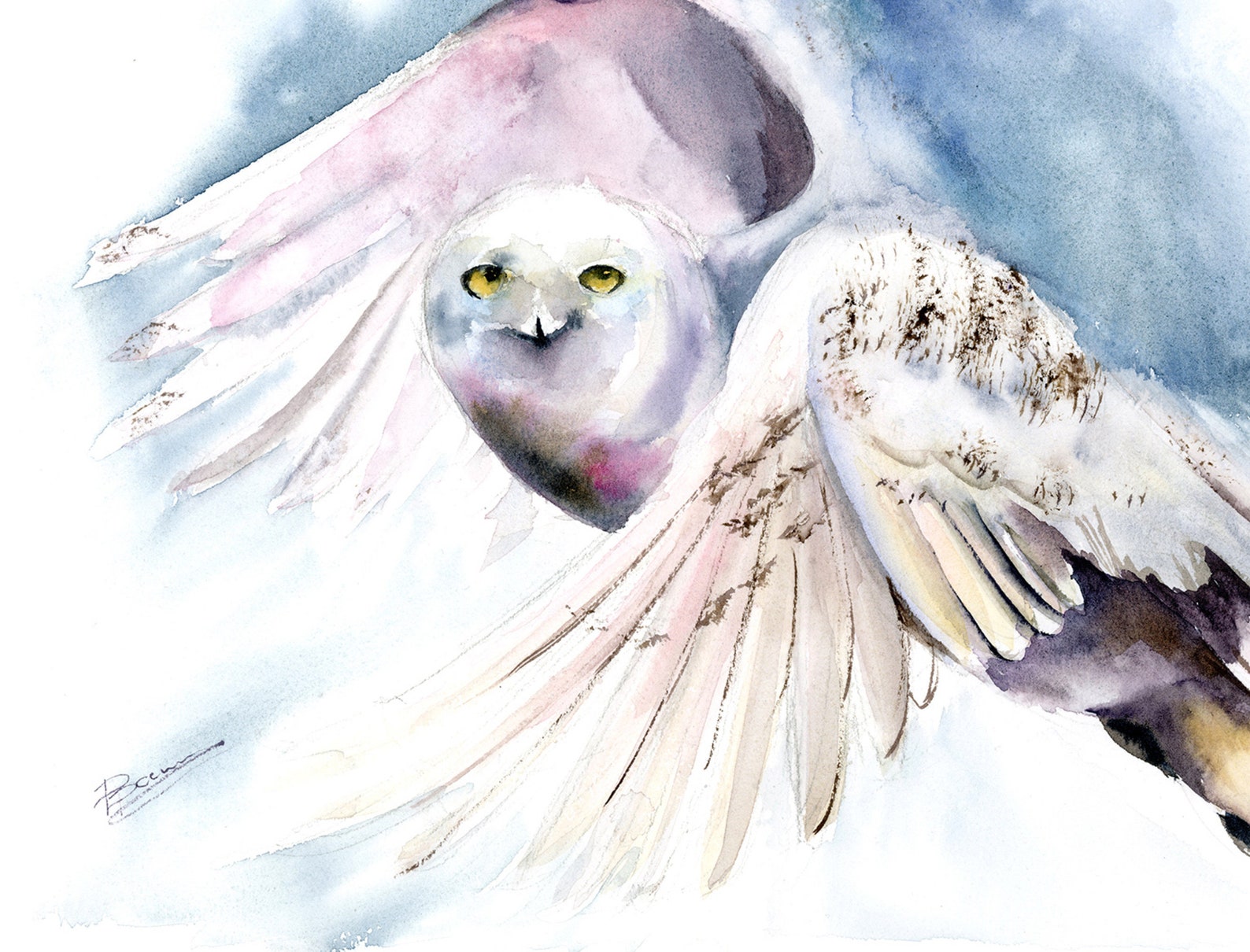 Fliegende Schneeeule Malerei Original Aquarell Polarvogel