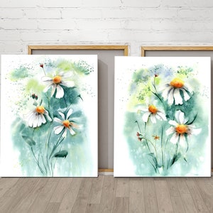 Daisy Canvas Print Set of 2 Watercolor Paintings, Floral Diptych Wall Art Decor, Wildflower Living Room Art, Daisy Art Print, Framed Canvas