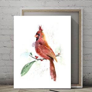 Cardinal Canvas Print, Watercolor Red Bird On The Branch Painting, Winter Bird Canvas Ready to Hang, Bird Lover Gift, Large Wall Art Decor
