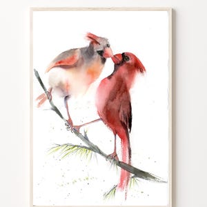Kissing Birds Artwork, Cardinals In Love Original Watercolor Painting,  American Winter Red Birds Wall Decor, Two Birds Art Not Print