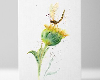 Dragonfly And Flower Watercolor Print, Yellow Green Botanical Painting Watercolor Ready to Hang, Floral Artwork, Insect Print