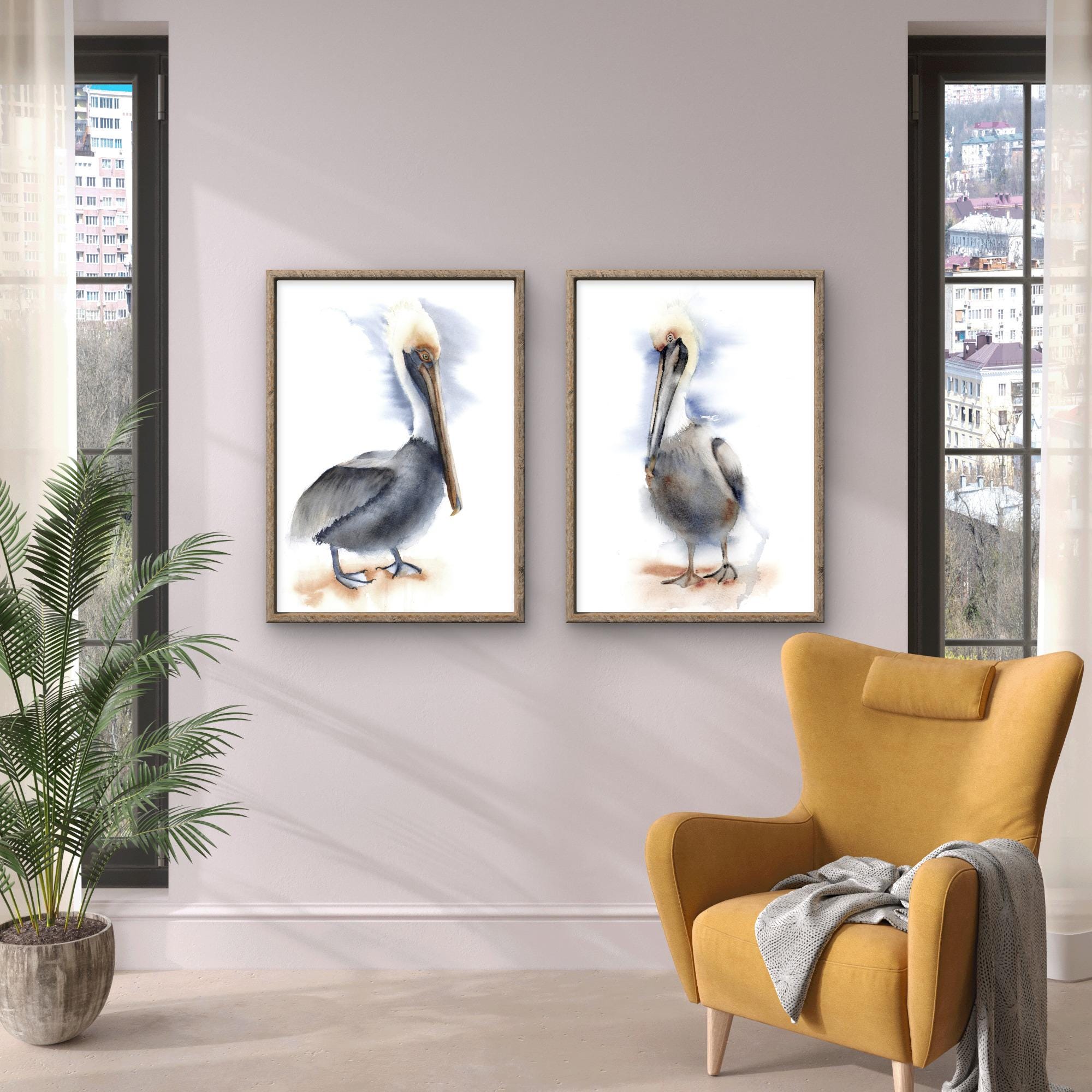 Set of 2 Watercolor Pelican Prints, Coastal Wading Birds Wall Art - Etsy