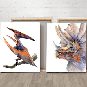 Set of 2 Watercolor Dinosaur Canvas Prints - Triceratops and Pterodactyl | Prehistoric Wall Art Decor