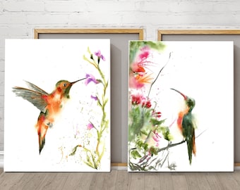 Hummingbird Prints, Set Of 2 Watercolor Floral Paintings, Nature Vibrant Wall Art, Flying Bird Large Print On Canvas