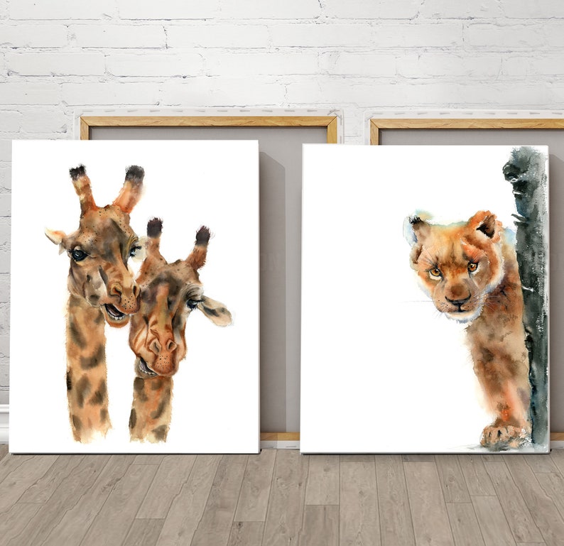 Cute Animals Print Baby Lion Art Giraffes Painting Etsy