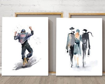 Abstract People Set of 2 Watercolor Prints, Silhouette Dancer Modern Figurative Painting Canvas Wall Art Decor