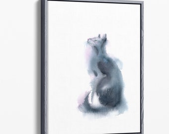 Gray Cat Wall Art Print, Cat Minimalist Watercolor Painting, Domestic Animal Print, Canvas Fine Art Print, Abstract Cat Modern Home Decor