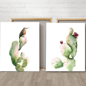 Succulent Canvas Prints Set of 2, Green Botanical Wall Art, Watercolor Prickly Pear Cactus Diptych, Framed Opuntia Plant Decor for Home