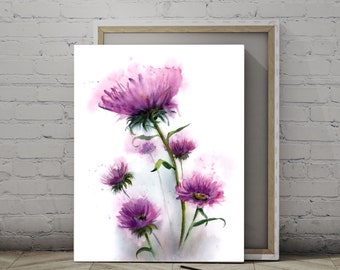Thistle Art Print, Flowers Watercolor Painting, Purple Botanical  Wall Decor, Floral on White Background, Canvas Ready To Hang