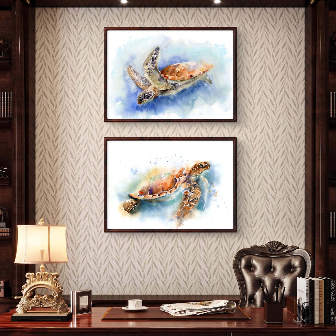 Watercolor Sea Turtle Canvas Print Set: Ocean Animal Diptych Wall Art ...